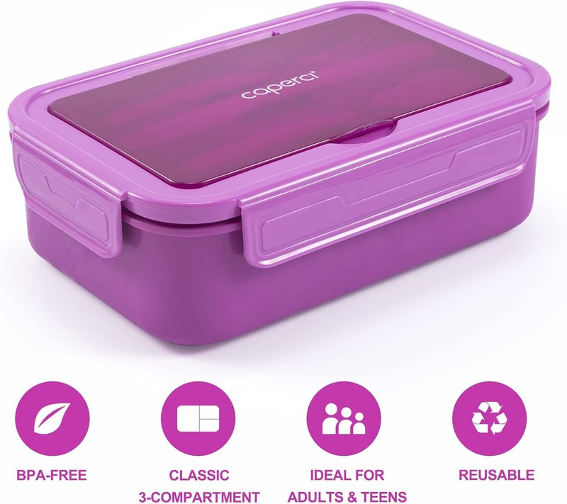 Caperci Classic Bento Lunch Box for Adult & Older Kids - Leakpoof 47 oz 3-Compartment Lunch Containers for Adults and Teens, Built-in Utensil Set, Ideal for On-the-Go, Purple - Image 5